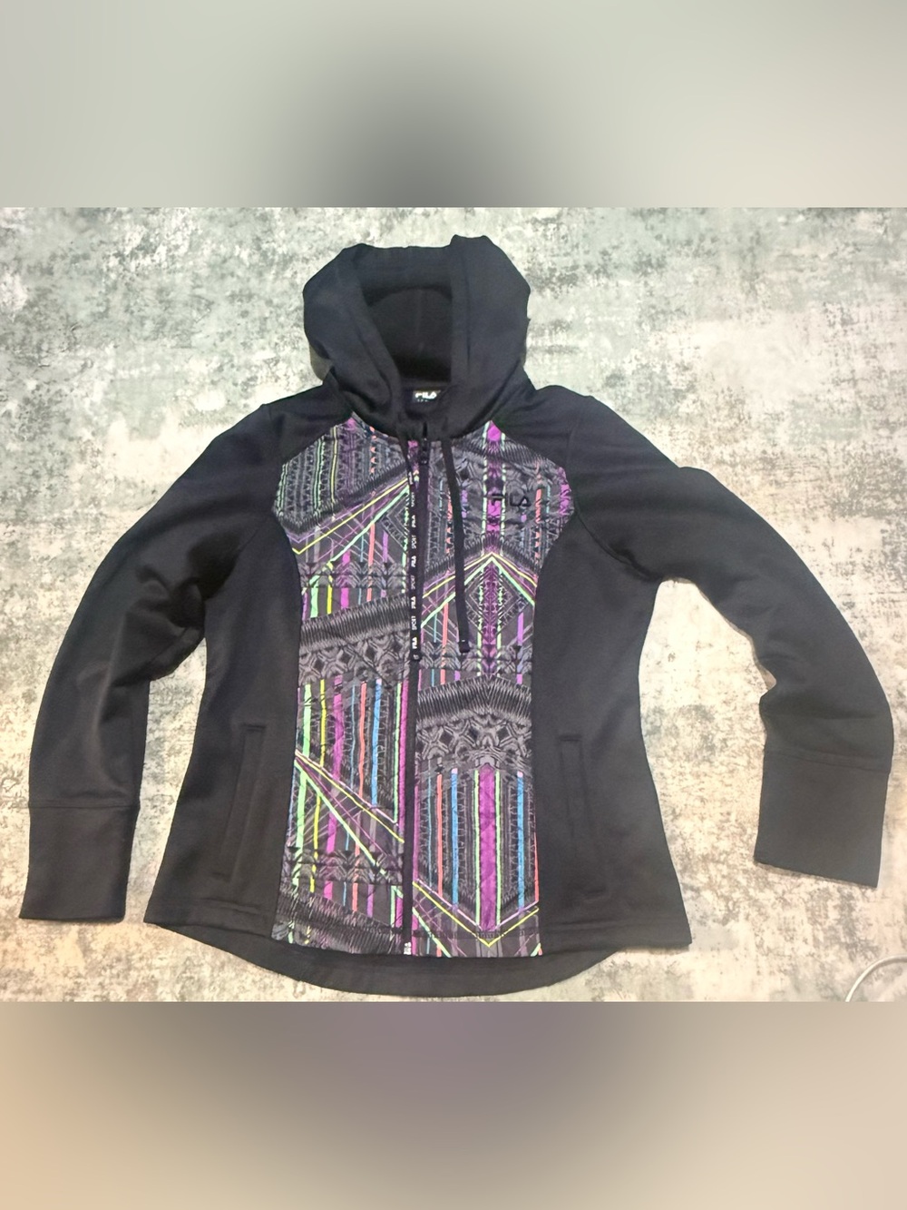 FILA Sport Women’s Black Geometric Full Zip Hooded Jacket M